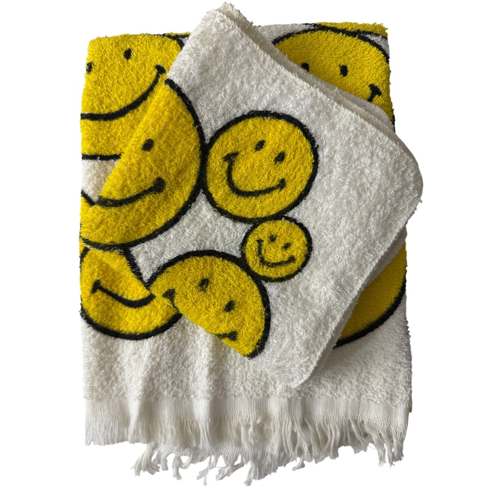 Vintage 70s Dundee Smiley Face Towel Set 3pc Cotton Hand Towel Washcloths USA